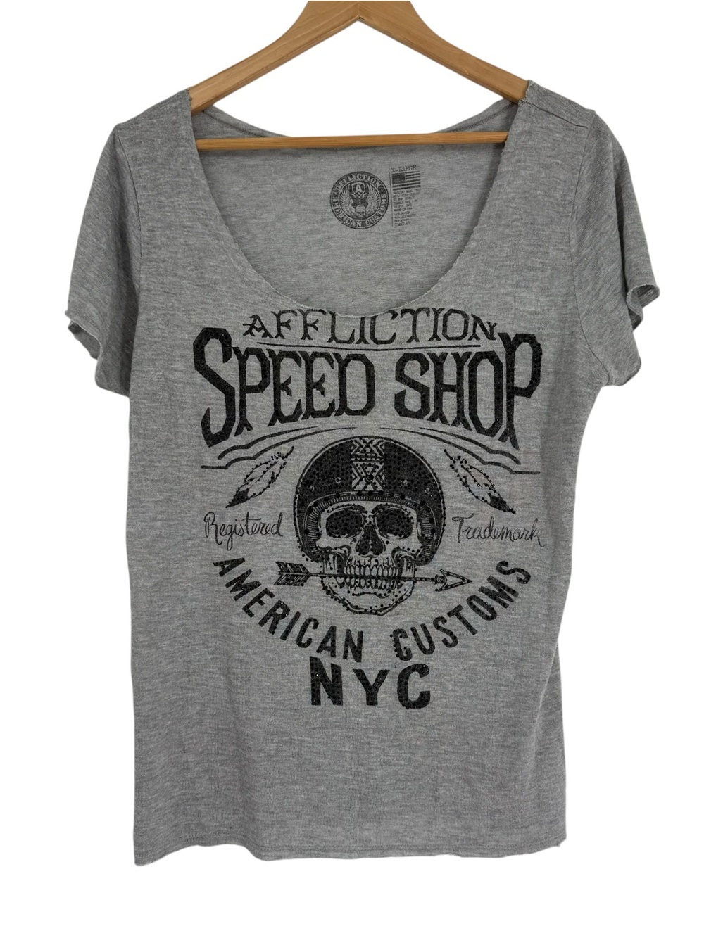 Affliction American Customs Speed Shop NYC Top Raw Edge Frayed Hems Size XL